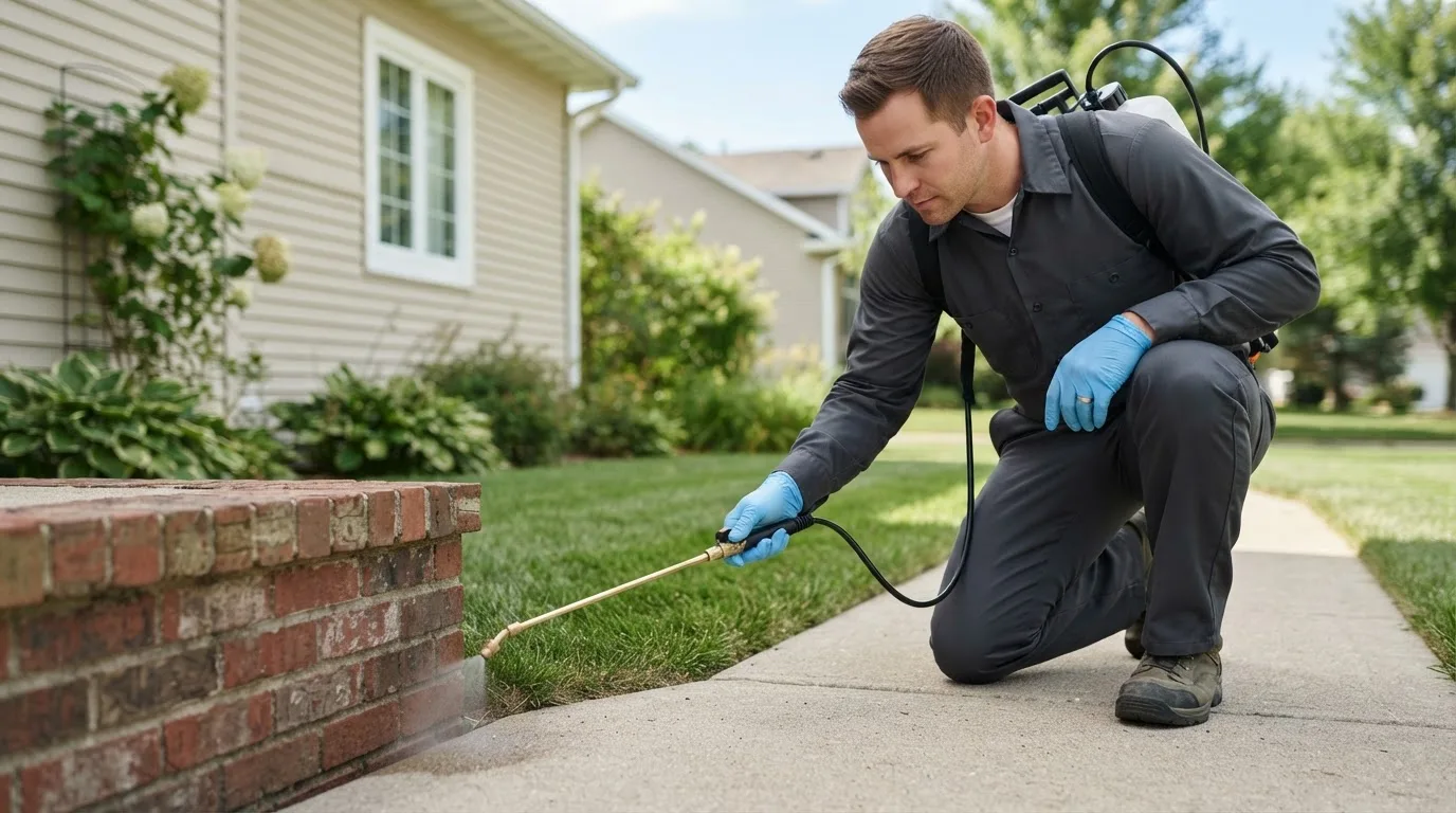 Pest control technician treating a home near Midland, SD